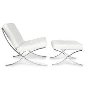 Fotel z Podnóżkiem biała skóra naturalna pikowany Prestige