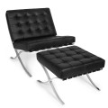 Fotel z Podnóżkiem czarna skóra naturalna pikowany Prestige