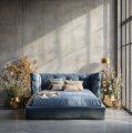 Ponadczasowe łóżko tapicerowane pojemnikiem Cozy błękitny aksamit