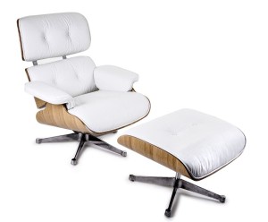 Fotel z podnóżkiem Biała Skóra podstawa jesion