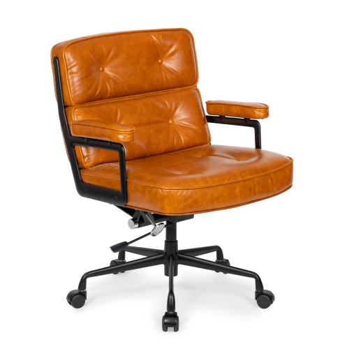 Fotel biurowy Icon Chair koniakowy skóra naturalna vintage - czarny satynowy stelaż