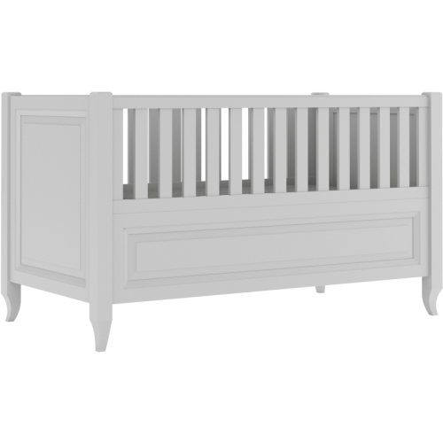 Szare łóżeczko Charlotte ze stylizowanymi nóżkami i frezowaną ramką