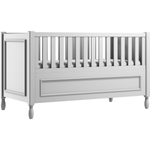 Szare łóżeczko Sofi z ozdobnymi nóżkami i frezowaną ramką   