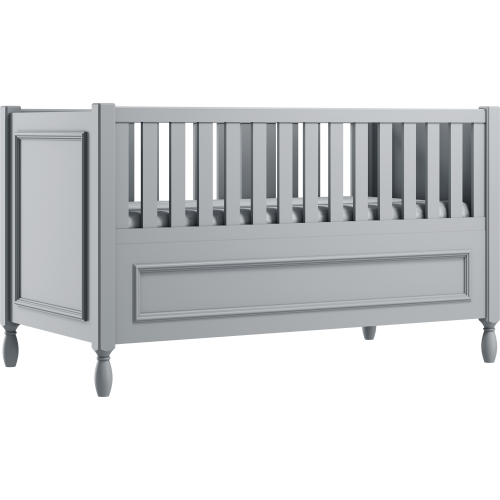 Grafitowe łóżeczko Sofi z ozdobnymi nóżkami i frezowaną ramką  