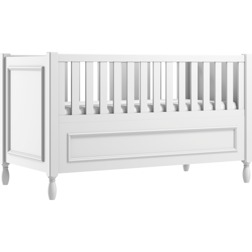 Białe łóżeczko Sofi z ozdobnymi nóżkami i frezowaną ramką