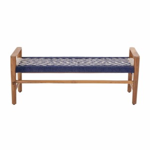 Ławeczka z drewna teakowego z granatowo białą plecionką