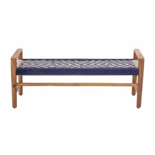Ławeczka z drewna teakowego z granatowo białą plecionką
