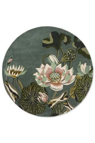 Zielono szary okrągły dywan w kwiaty WATERLILY ROUND MIDNIGHT POND 038608