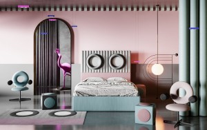 Łóżko tapicerowane z designerskim wezgłowiem Monocle