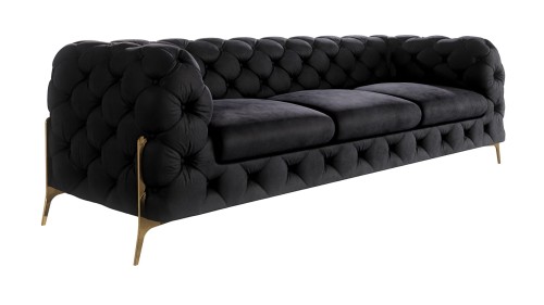 Pikowana sofa 3-osobowa Chesterfield Chloe Bis Czarna na złotych nóżkach