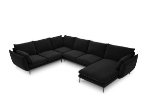 Sofa panoramiczna czarny aksamit nóżki retro