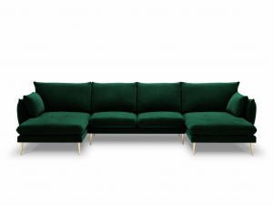 Sofa z dwoma narożnikami Elio butelkowa zieleń aksamit złote nóżki