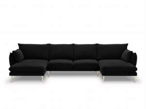 Sofa z dwoma narożnikami Elio czarny aksamit nóżki złote