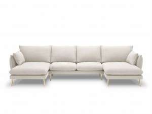 Sofa z dwoma narożnikami Elio strukturalna tkanina jasny beż nóżki złote