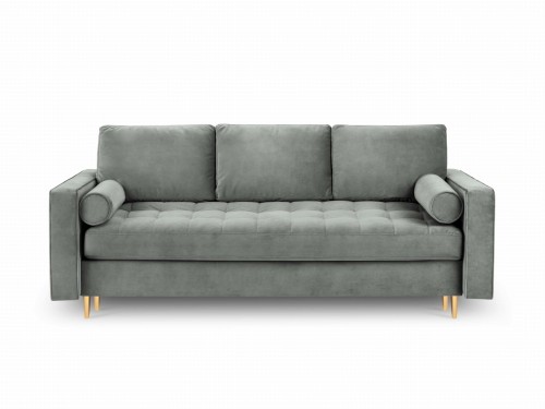 Rozkładana sofa 3 osobowa pikowana Santo aksamit szara na złotych nóżkach