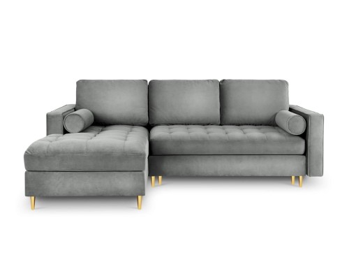 Narożna sofa z funkcją spania pikowana Santo aksamit szara nóżki złote