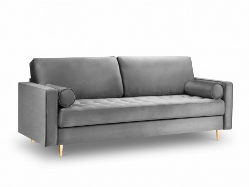 Sofa trzyosobowa pikowana Santo aksamit szara na złotych nóżkach