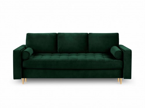 Rozkładana sofa 3 osobowa pikowana Santo aksamit butelkowa zieleń nóżki złote