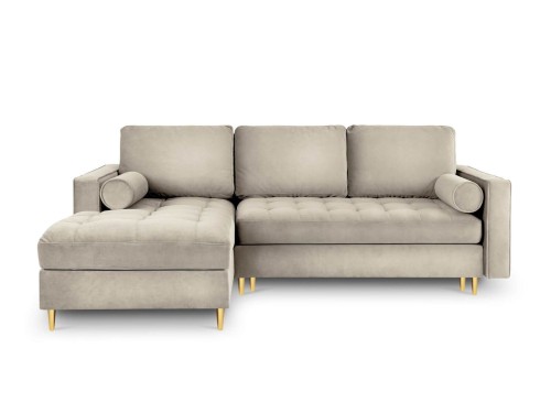 Narożna sofa z funkcją spania pikowana Santo aksamit beżowa nóżki złote