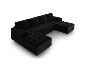 Panoramiczna sofa pikowana Santo aksamit czarna na złotych nóżkach