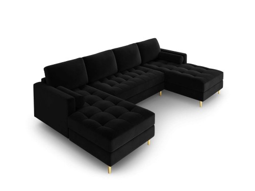 Panoramiczna sofa pikowana Santo aksamit czarna na złotych nóżkach