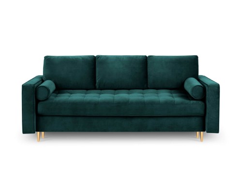 Rozkładana sofa 3 osobowa pikowana Santo aksamit morski na złotych nóżkach