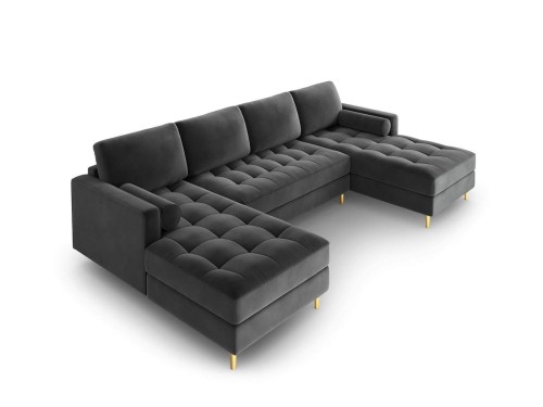 Panoramiczna sofa Santo aksamit ciemno szara na złotych nóżkach