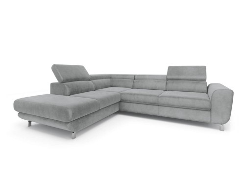 Sofa narożna rozkładana Mario jasno szara na srebrnych nóżkach