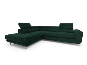 Sofa narożna rozkładana Mario butelkowa zieleń na srebrnych nóżkach
