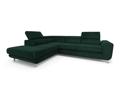 Sofa narożna rozkładana Mario butelkowa zieleń na srebrnych nóżkach