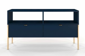Elegancka granatowa komoda RTV Polka na złotych nóżkach 