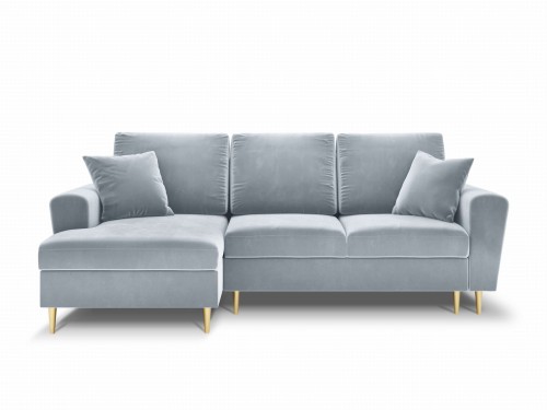 Rozkładana sofa narożna Moghan błękitna na złotych nóżkach