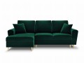 Rozkładana sofa narożna Moghan butelkowa zieleń na złotych nóżkach