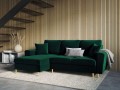 Rozkładana sofa narożna Moghan butelkowa zieleń na złotych nóżkach