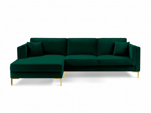 Sofa narożna Luis aksamit butelkowa zieleń na złotych nóżkach