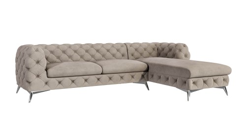 Pikowany narożnik z szezlongiem Chesterfield Chloe zimny beż