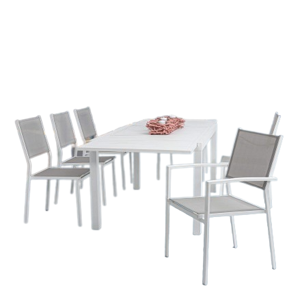 Zestaw jadalniany Hilde biały aluminium 160 i 6/8 krzeseł