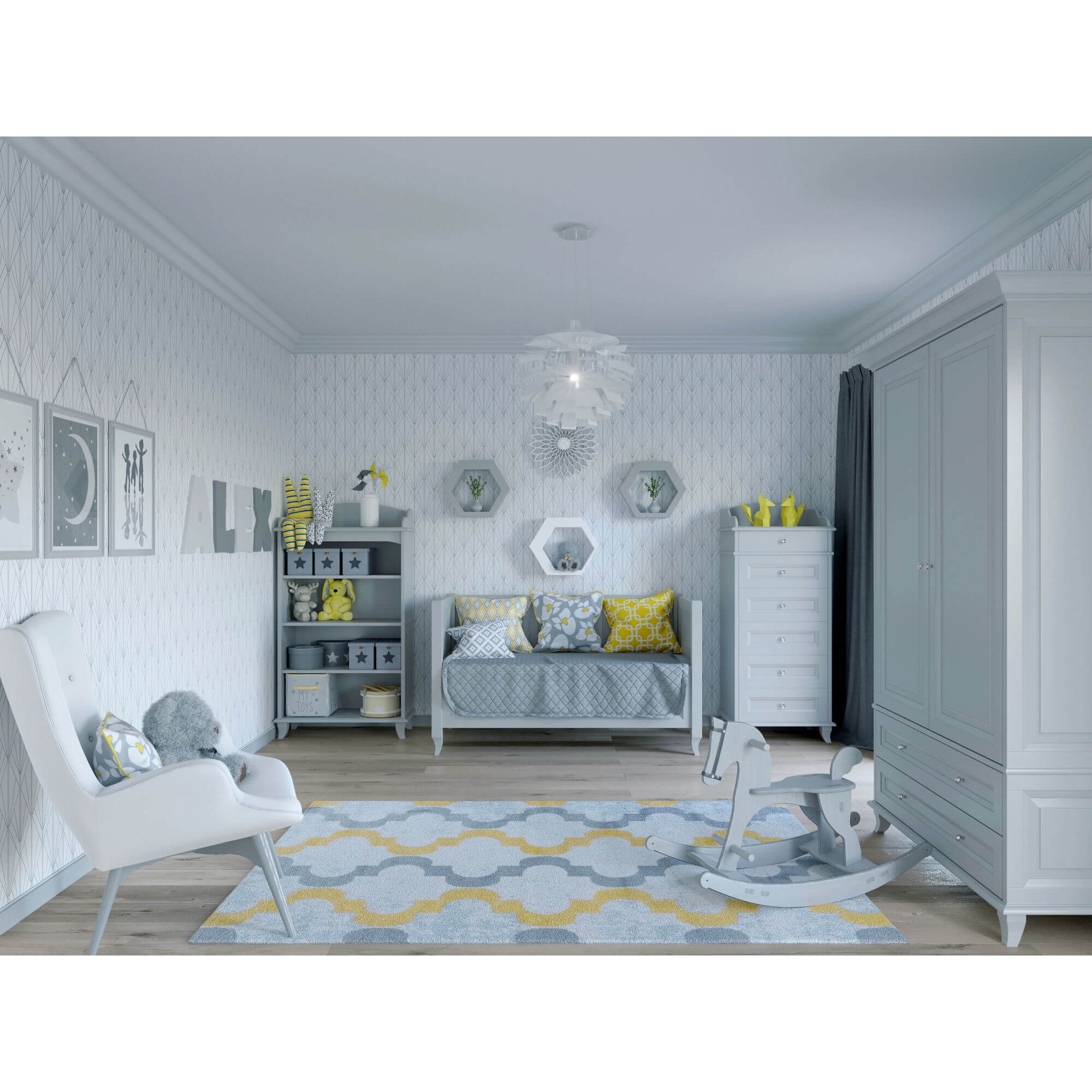 Eleganckie łóżeczko dziecięce ze stylizowanymi nóżkami i frezowaną ramką