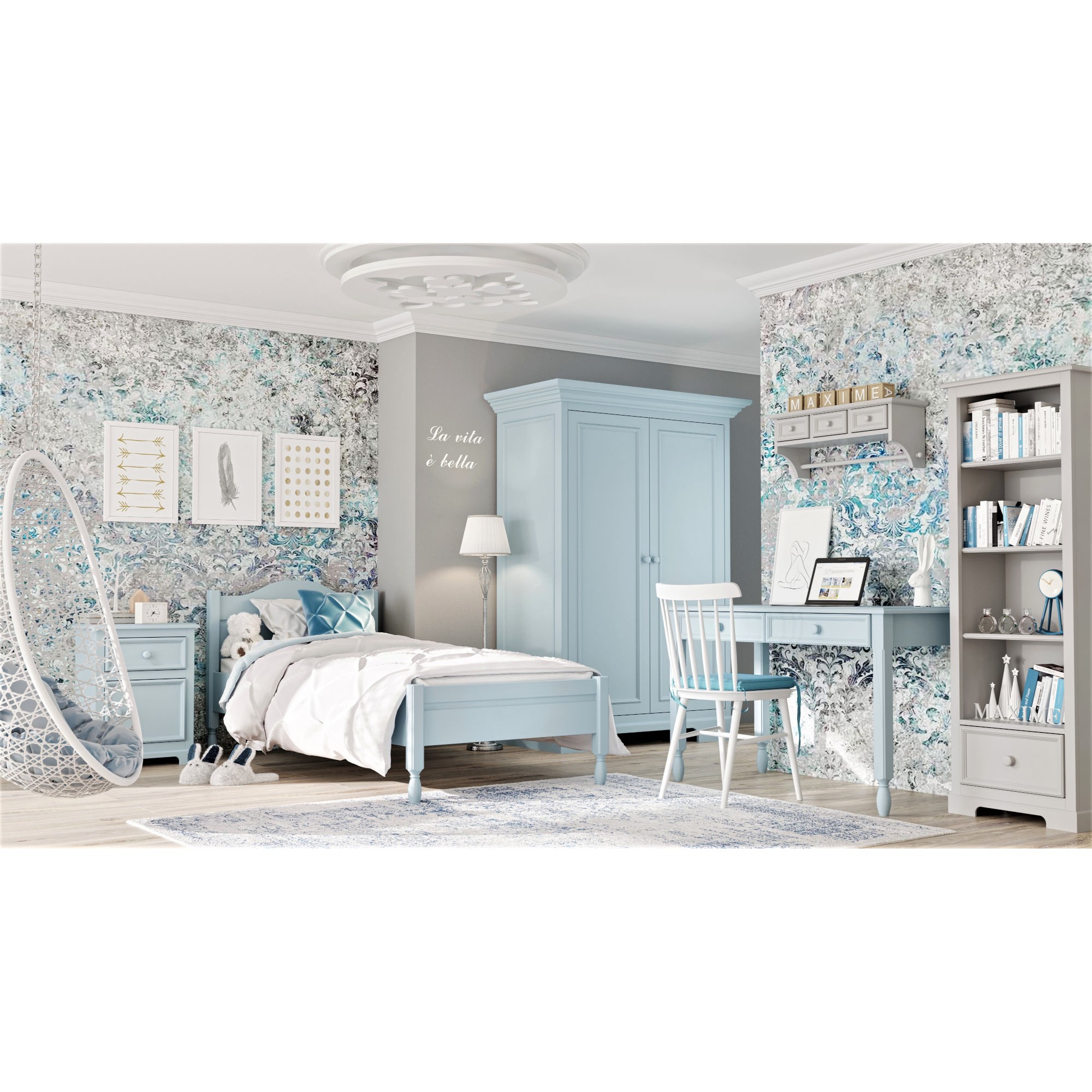 Eleganckie łóżeczko dziecięce z ozdobnymi nóżkami błękitne