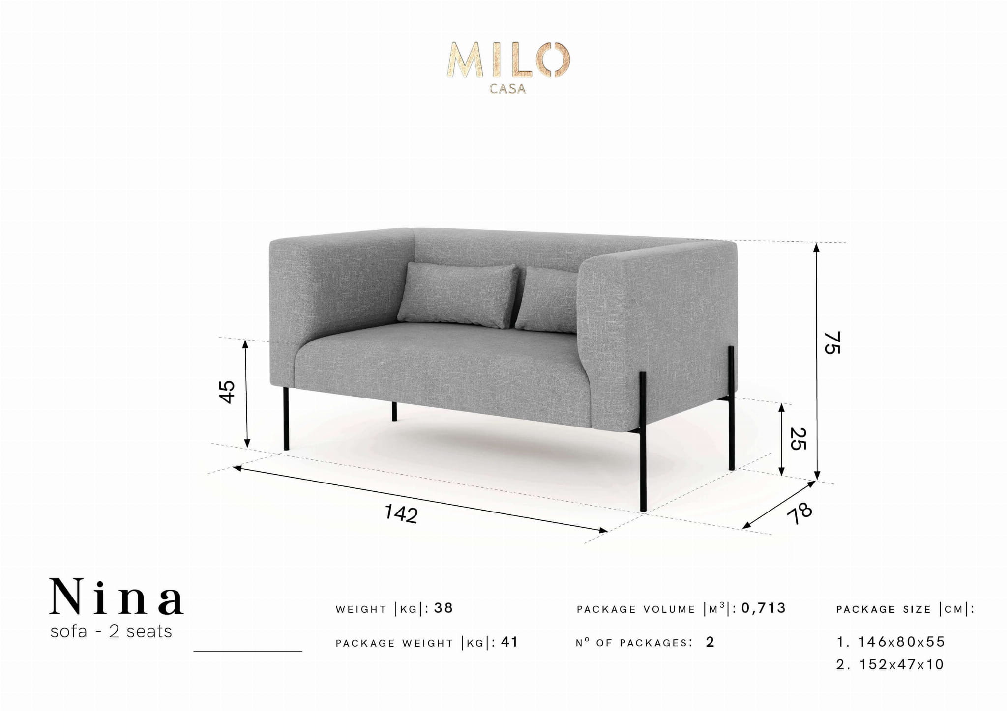 Dwuosobowa sofa Nina granatowa aksamit na wysokich nogach - Design Town