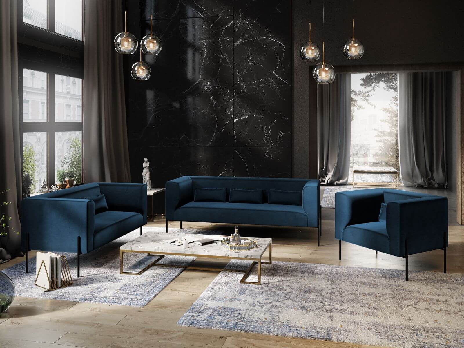 Dwuosobowa sofa Nina granatowa aksamit na wysokich nogach - Design Town